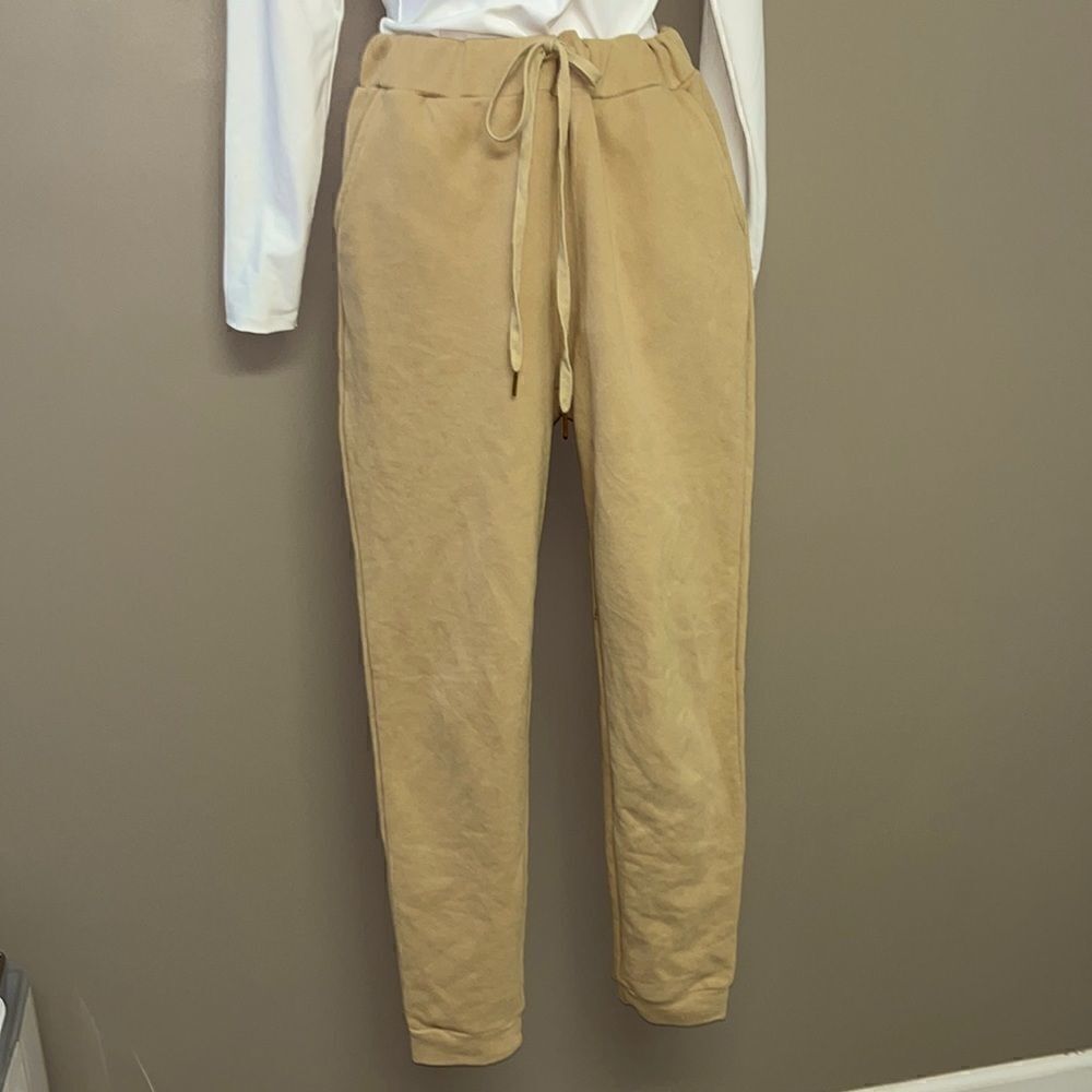 Dance & Marvel Tan Leisure Pants w/ Gold Accent Drawstrings and Pockets- Medium